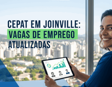 uma mulher, sorrindo em um escritório, representando o sucesso na busca por vagas no Cepat em Joinville.
